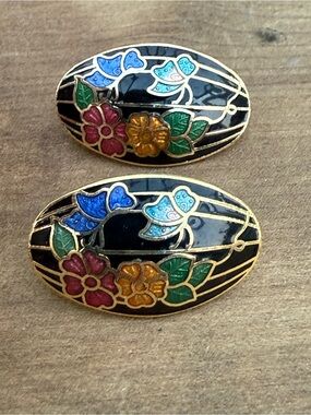 Vintage Floral Enamel Oval Earrings in Black with Multicolor Flowers